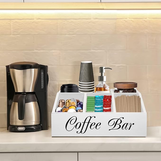ugiftt Coffee Station Organizer for Counter, Wood Coffee Pods Holder Storage Basket, Tea Condiment Storage Organizer, Rustic Wood Bar Decor for Accessories