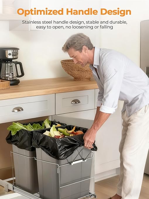 FOHERE Pull Out Trash Can Under Cabinet, 35 QT Double Under Sink Trash Can Waste Container with with Chrome Wire Bottom Mount and Handle, Heavy Duty Garbage Recycling Bin for Kitchen Cabinet, Sink
