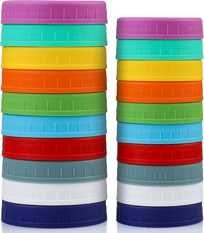 AOZITA 10 WIDE Mouth & 10 REGULAR Mouth Mason Jar Lids - 20 Pack Food Grade Plastic Mason Jar Caps for Ball, Kerr and More Canning Jars - Leakproof & Dishwasher Safe - Multicolor