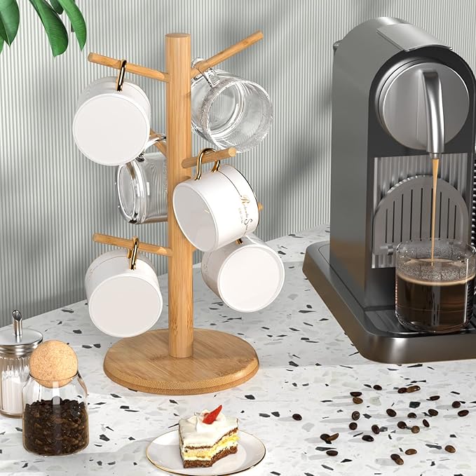 Wisuce Bamboo Mug Tree with Thicker Base - Countertop Coffee Cup Stand with 6 Hooks