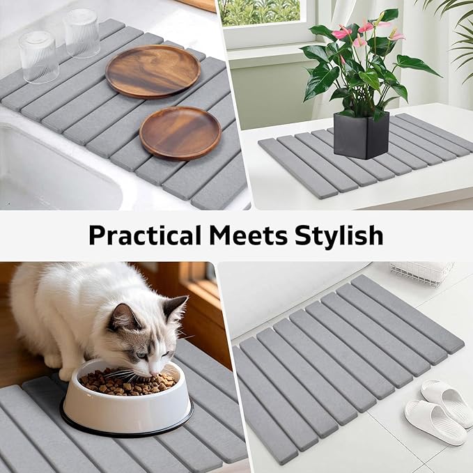 Stone Dish Drying Mat for Kitchen Counter, 24"(L)×16 (W) Foldable Absorbent Diatomaceous Earth Dish Drying Mats, Kitchen Counter Mats for Dishes Bottles Cups, Match Any Countertop - Dark Grey