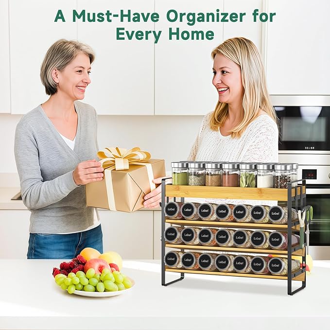 EsLuker.ly Spice Seasoning Rack Organizer Kitchen Countertop, 4 Tier Bamboo Spice Shelf Holder Storage with 4 Hooks, Wall Mounted Freestanding Stand for Pantry, Quick Spice Access(Jars Not Included)