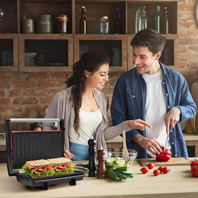 Panini Press Grill, Aigostar 1000W Sandwich Maker with Ceramic Non-stick Plates, Opens 180 Degrees for Any Size Food, 3-in-1 Sandwich Press Electric Grill, Drip Spout & Locking Lid, Red