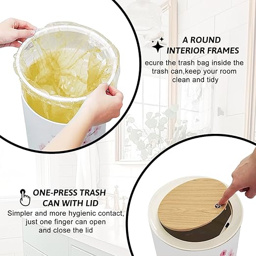 Trash Can with Lid Cherry Blossom Spring Flower Japan Press Top Round Small Garbage Bin with Wooden Legs Waste Basket for Kitchen Bedroom Nursery 7L/1.8 Gallon