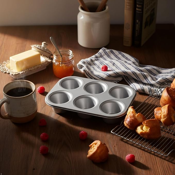 Nonstick Popover Pan, Extra Deep,6-Cup Capacity, Heavy-Duty Steel,13x9inch,Compact Design Fits Small Ovens,450°F Oven Safe