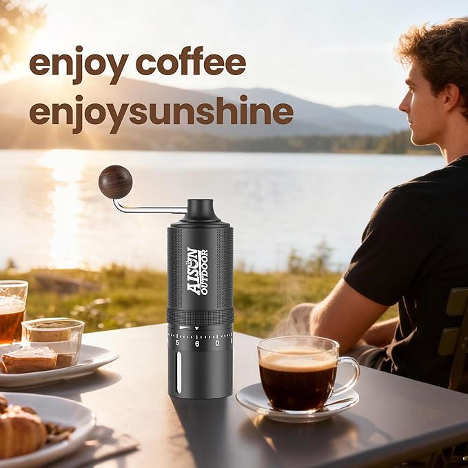 Portable Manual Coffee Grinder with Ceramic Conical Burr, Stainless Steel Axle & Handle, Adjustable Settings & Anodized Aluminum Body for Outdoor, Travel, Espresso and Home Use