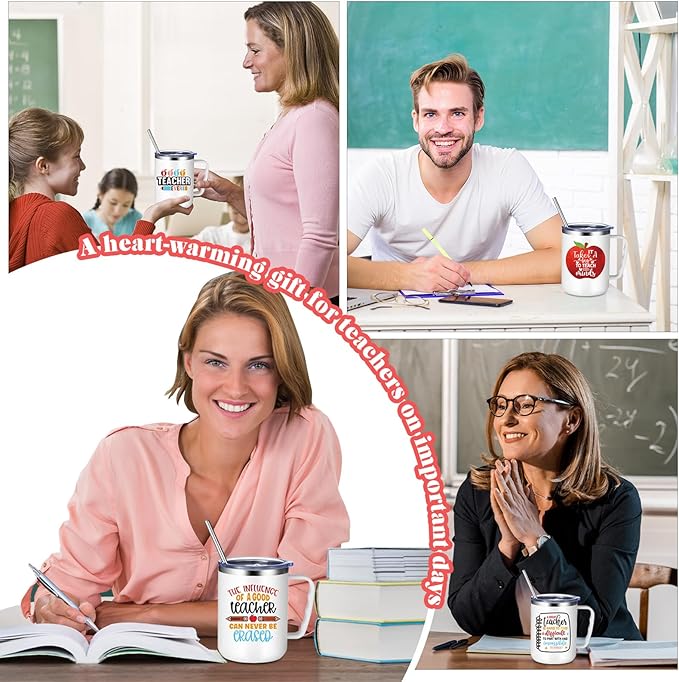 Maxcheck 6 Pcs Christmas Teacher Appreciation Gifts Mugs Bulk 16oz Thank You Teacher Stainless Steel Tumblers Inspirational Insulated Coffee Cups with Handle Lids Straw for Women Birthday Gifts