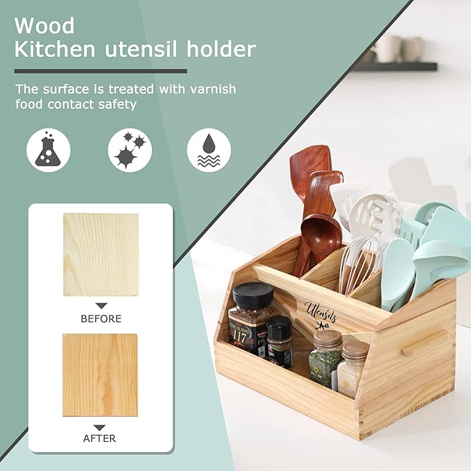 Innovation Kitchen Utensil Holder for Countertop with 4 Compartments, Wood Utensil Organizer for Cooking Tools(Utensil Not Included)