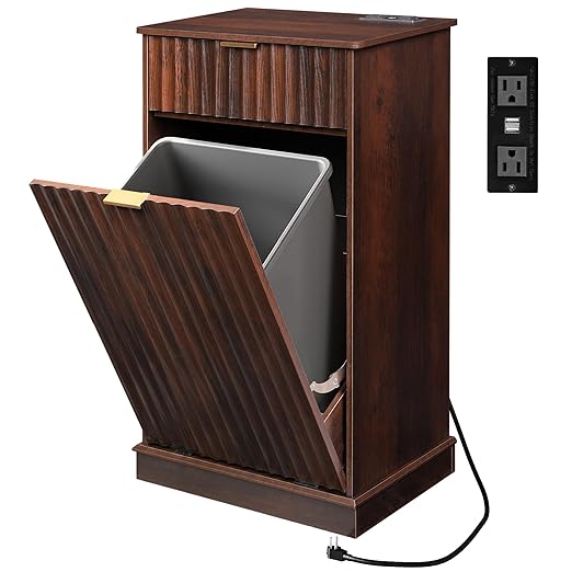WLIVE 10 Gallon Tilt Out Trash Can Cabinet, Hidden Trash Can Cabinet with 2 AC+ USB Outlets, Storage Drawer, Food/Clothes Storage Pet Proof Kitchen Trash bin Cabinet for Home, Launday (Brown)
