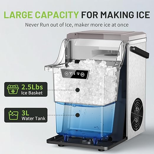Nugget Countertop Ice Maker with Soft Chewable Ice 40Lbs, Pebble Sonic Ice Machine with Basket and Scoop, Ready in 5 Mins, 40Lbs/24H, Auto Self-Cleaning, for Home, Kitchen, Office, Party, Camping