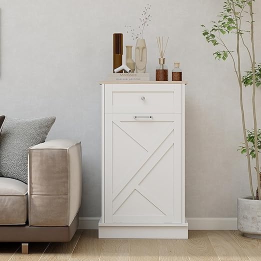 Tilt Out Trash Cabinet-Free Standing Kitchen Waste Bin-Wooden Recycling Trash Cabinet with Drawer-White