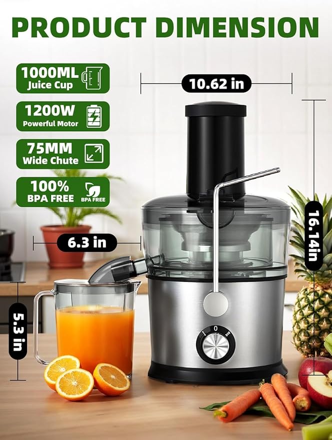 Juicer Machines, 1200W Juicer with 3" Feed Chute for Whole Fruits and Vegs, Dual Speeds Centrifugal Juice Extractor, Heavy Duty Full Copper Motor, 35oz Large Juice Jug, Stainless Steel