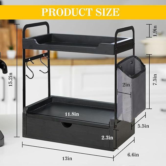 Coffee Bar Accessories and Organizer, 2-Tier Coffee Station Organizer, Wood Kitchen Countertop Organizer with Bag and Hooks, Coffee Pod Holder for Coffee Bar Decor, Syrup Snack Organizer