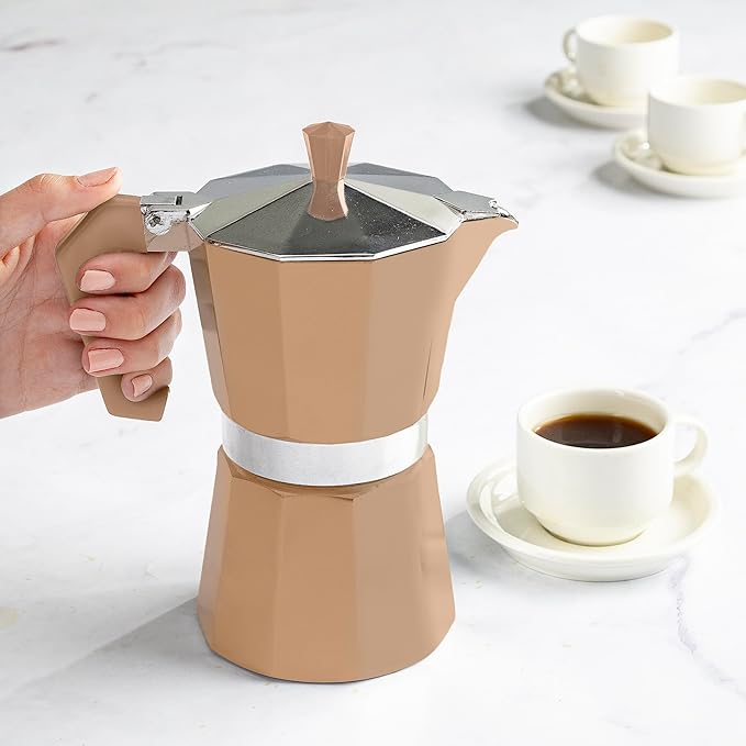 Primula Classic Stovetop Espresso and Coffee Maker, Moka Pot for Italian and Cuban Café Brewing, Greca Coffee Maker, Cafeteras, 6 Espresso Cups, Caramel