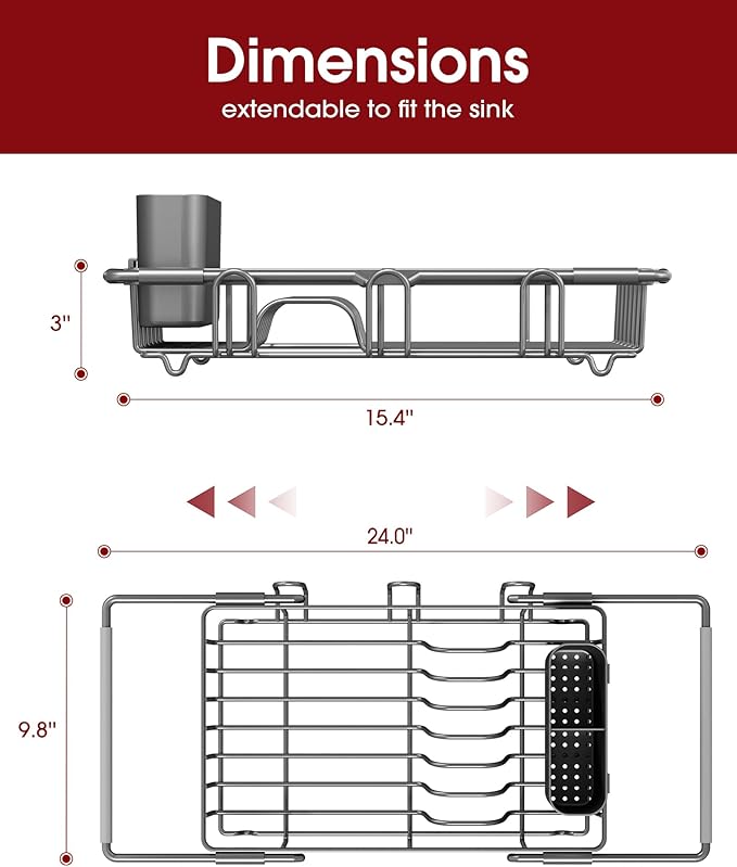 Sakugi Dish Drying Rack in Sink - Expandable Stainless Steel Dish Rack Over the Sink, Kitchen Sink Drain Strainer with Cutlery Holder & Cup Holders, 15.4 x 9.8 x 3.0 Inch, Grey
