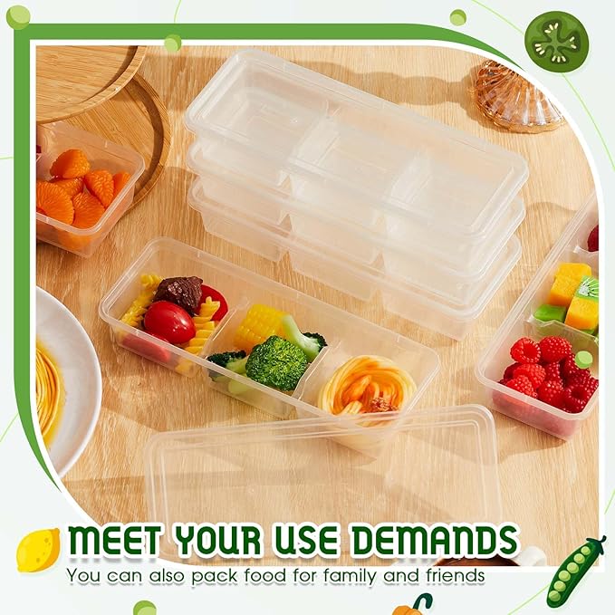Hushee 5 Pack 17 oz Small Meal Prep Containers with 3 Compartments Snack Containers with Lid Disposable Plastic Bento Box Travel Lunch Food Boxes Stackable for Office Picnic (Clear)