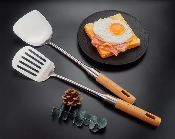 Large Stainless Steel Kitchen Utensils Set, 7 Pcs Cooking Utensils Set with Wooden Handle, Heat Resistant Spatula Tools Set for Cooking, Food Grade Utensils Sets with Turners Spoon Ladle Pasta Fork
