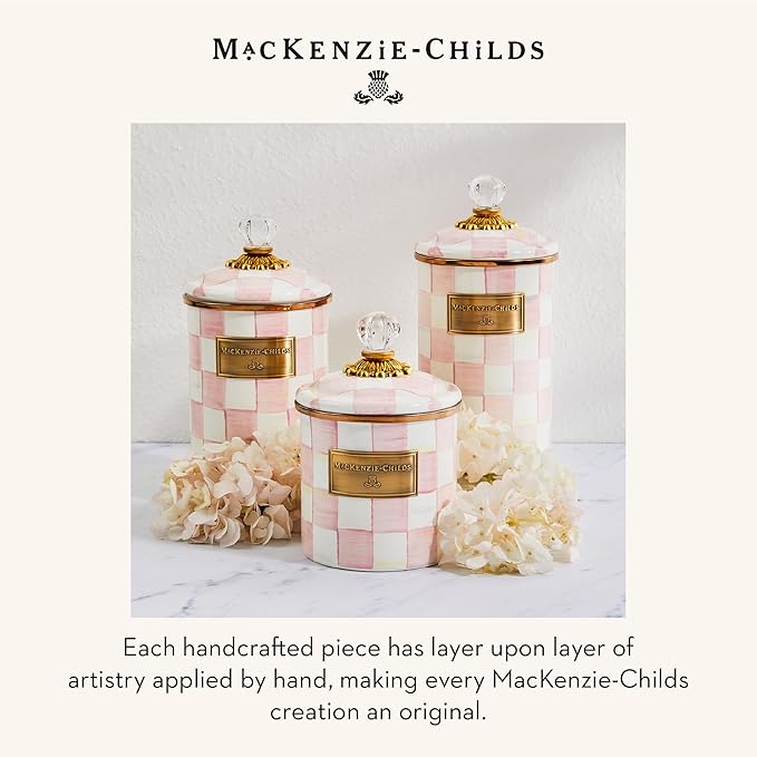MACKENZIE-CHILDS Small Enamel Canister, Kitchen Storage Container for Flour and Sugar, 38 Ounces, Pink-and-White Rosy Check