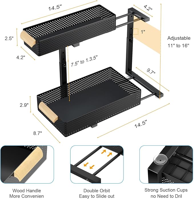 Under Sink Organizers and Storage,2 PACK 5 Height Adjustable Kitchen Cabinet Organizer,2 Tiers Pull Out Drawer Shelves Metal Slide Tray Organizer for Kitchen Bathroom