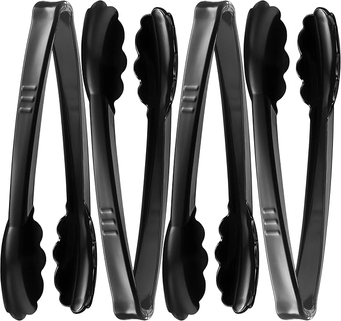 Plastic Tongs for Serving (Pack of 6) 9 Inch - Heavy-Duty Hard Plastic Reusable or Disposable Serving Tongs for Catering, Dinner Parties, Banquets, Buffets, Events, Weddings and Everyday Use, Black
