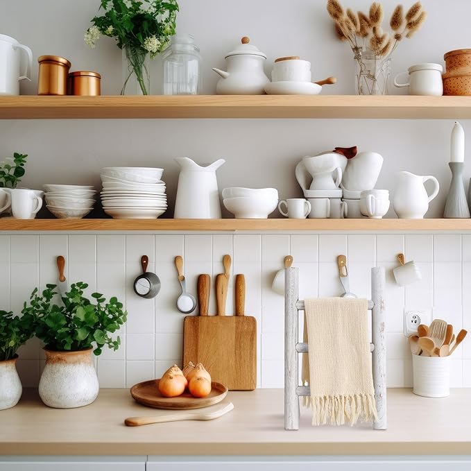 Cinnvoice 2 Pcs Wooden Tea Towel Ladder Rustic Hand Towel Stand Rack Mini Countertop Towel Stand Farmhouse Wood Counter Towel Holder for Bathroom Country Kitchen Office (White)