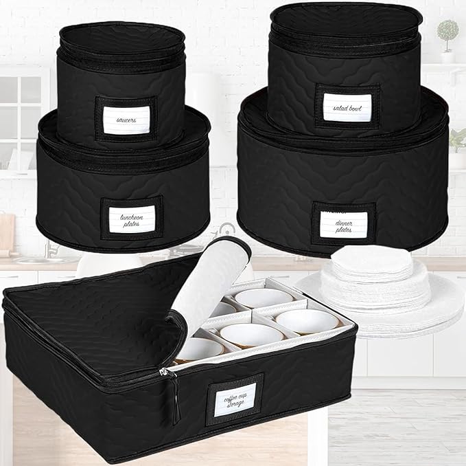 China Storage Containers 5-Piece Set Moving Boxes for Dinnerware, Glasses, Plates, Mugs and Saucers Sturdy Quilted Microfiber Dish Organizer with Dividers for Seasonal Storage - Holds Set of 12, Black