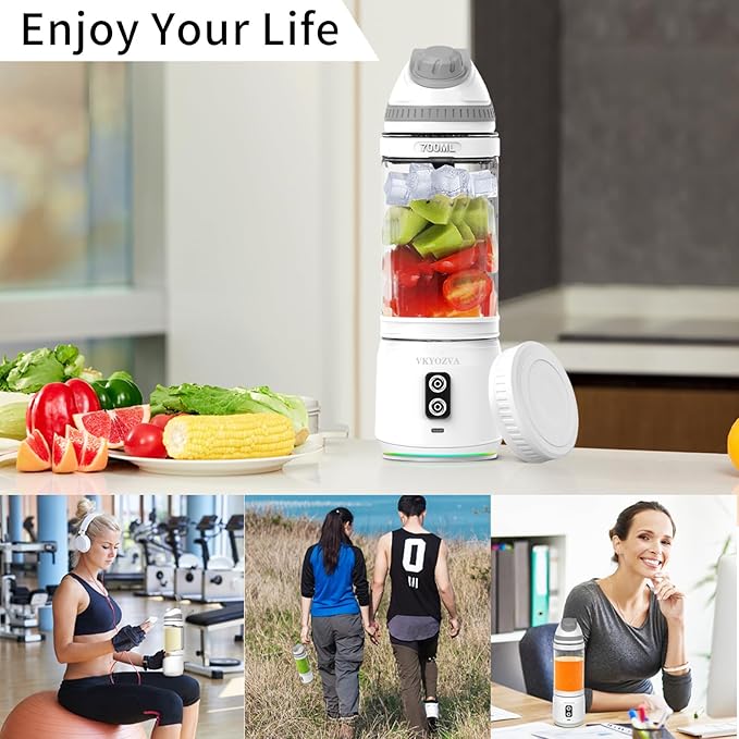 Portable Blender cordless, 24oz Blender Cup Sporty Bottle with Sip Spout, Travel blender for Shakes and Smoothies, USB-C Rechargeable, Mini Small Blenders (White Gray)
