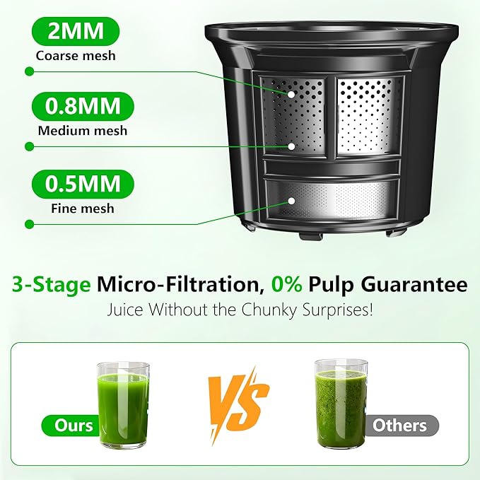 Cold Press Juicer, 6" Extra Large Feed Chute Slow Masticating Juicer Machines, Powerful AC Brushless Motor, Self Precut System, Juicer Machines with BPA-Free, Extra one Replace juicer strainer