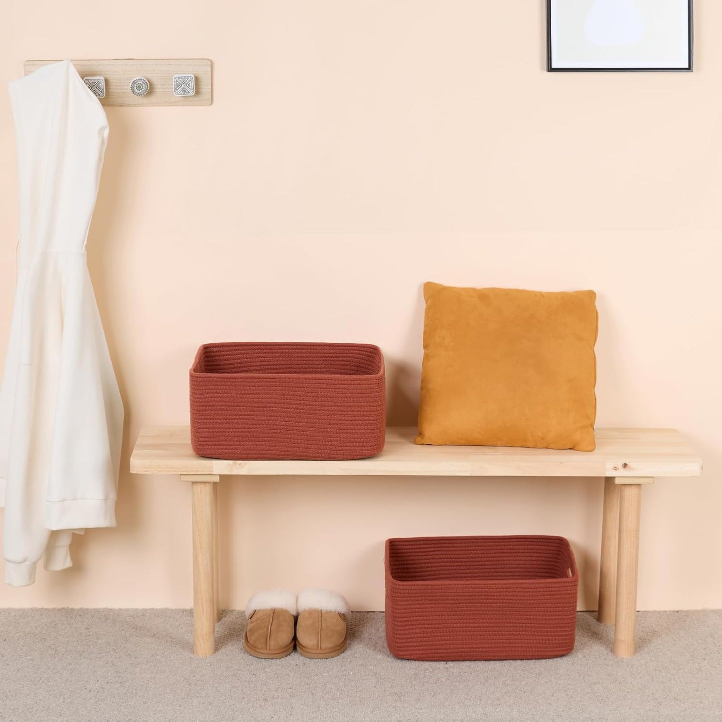 Large Storage Baskets for Organizing, Closet Shelf Baskets for Clothes Blanket Towels, Baby Nursery, Toy Bins Box, Woven Rope Baskets, 17 x 13 x 7.5”, 4 Packs Oxide Red