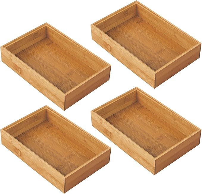 mDesign Bamboo Kitchen Cabinet Drawer Organizer Stackable Tray Bin - Eco-Friendly, Multipurpose - Use in Drawers, on Countertops, Shelves or in Pantry - 9" Long, 4 Pack - Natural Wood Finish
