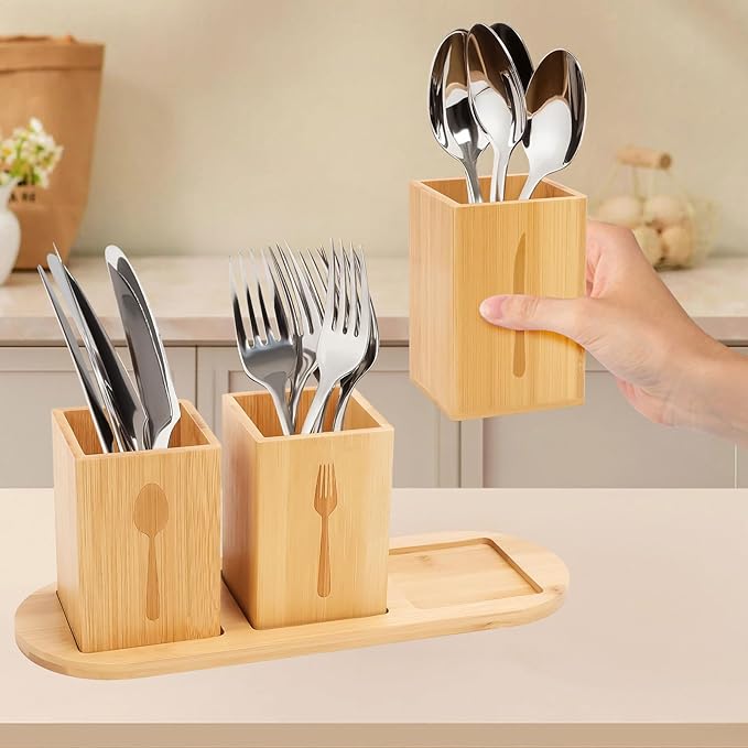 Qivine Acacia Wood Utensil Holder, Wooden Silverware Holder Countertop Utensil Organizer Silverware Organizer with Tray, Kitchen Utensil Organizers for Forks, Spoons, Knives (Bamboo)