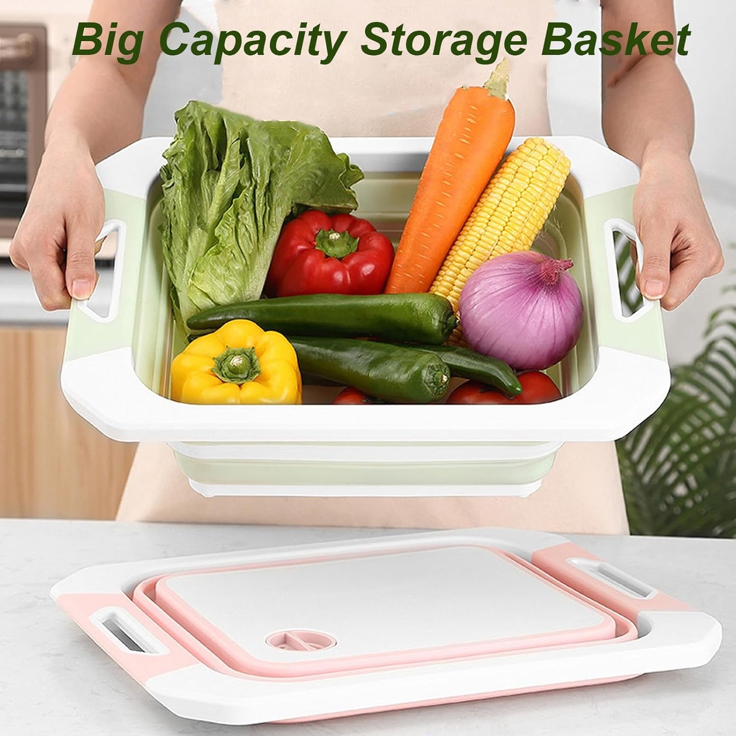 Camping Collapsible Cutting Board Dish Basin BBQ Prep Tub Camp Sink Dish Washing Station Multifunctional Storage Basket(Green white)