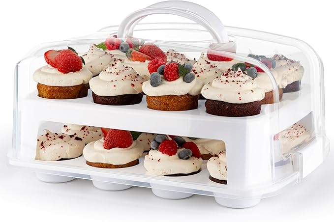 MosJos EXTRA TALL DOME Cupcake Carrier, White Cupcake Holder Carries 24 Cupcake Storage Container, Muffin Traveler Two Tier Stand Reusable Cupcake Box