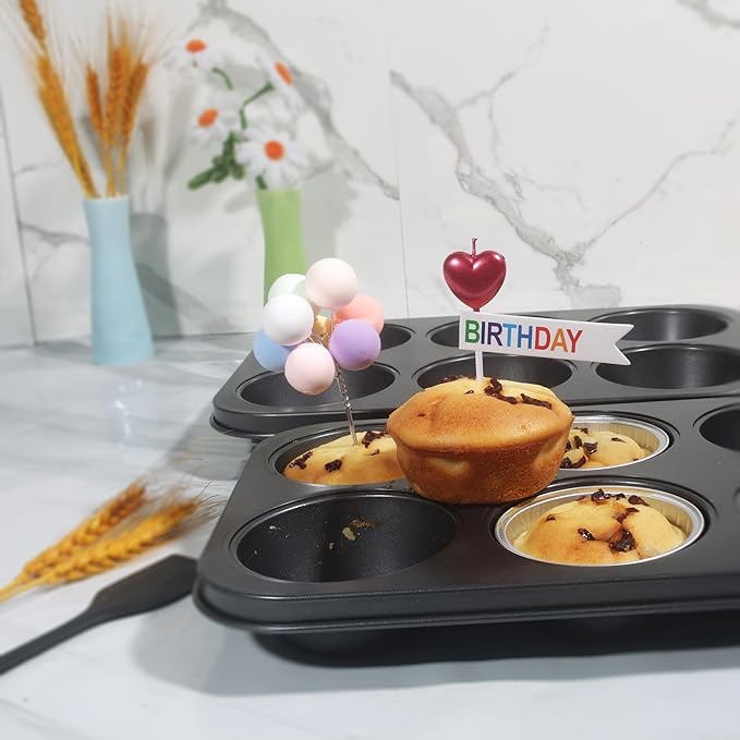 Non-Stick Jumbo Muffin Pans, 6-Cup Set of 2 Baking Pans with a Spatula for Extra-large Muffins & Cupcakes