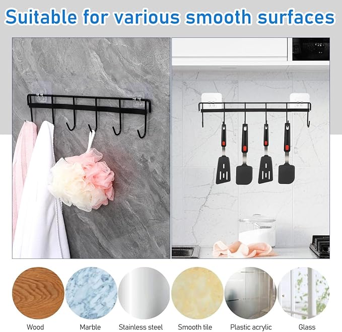Wall Mounted Kitchen Utensil Rack, No Drilling Iron Hanging Hook for Kitchen Organization, Black, 12.4X2.95In