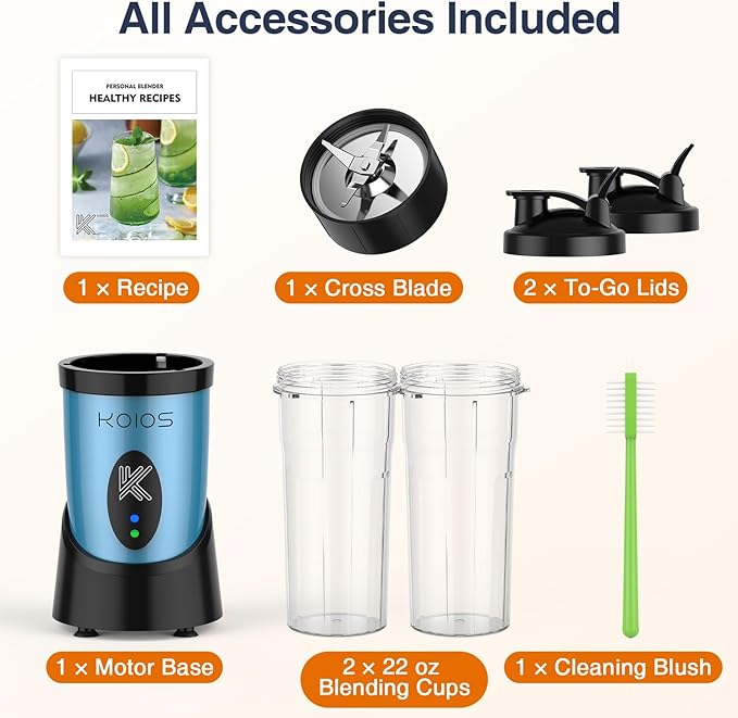 KOIOS Blender for Smoothies, Peak 900W Personal Blender for Kitchen Shakes and Smoothies, with 2×22oz Portable Cups and To-Go Lids, Detachable 4-Leaf Stainless Steel Blade, Nutrition Recipe, Blue