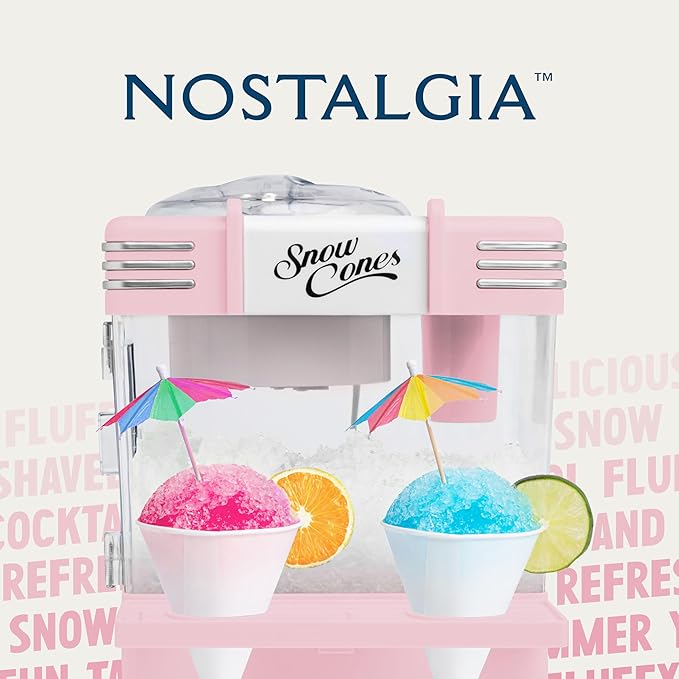 Nostalgia Retro Snow Cone Maker – Countertop 5-qt Shaved Ice Machine – Stainless Steel Blades – Includes 2 Reusable Cups, Ice Scoop, & Sid Shelf – Pink