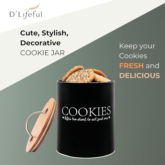 D'Lifeful Cookie Jar with Airtight Bamboo Lid – 0.6 Gallon Cute and Decorative Cookie Storage for Kitchen Countertop – Farmhouse Storage Tin for Freshness – Great Gift Idea