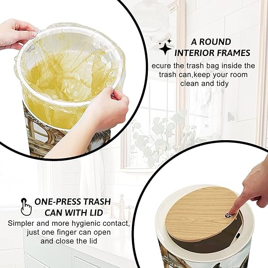 Trash Can with Lid Donkey Nature Farm Animals Seamless Pattern Hand Drawn Watercolor Press Cover Round Small Garbage Bin with Wooden Legs Waste Basket for Kitchen Bedroom Nursery 7L/1.8 Gallon