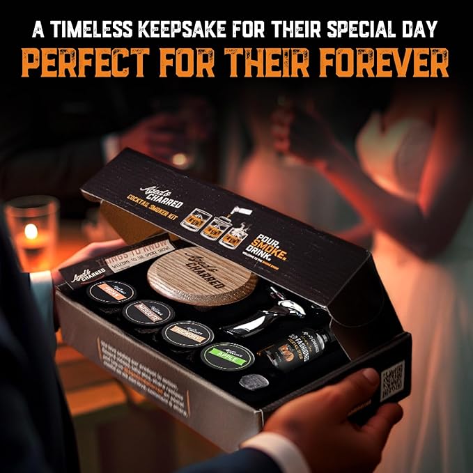 Whiskey Smoker Kit with Torch and Old Fashioned Syrup - 8 Flavors Wood Chips - Bourbon Gifts for Men, Cocktail Smoker kit - USA Oak Smoke Lid (No Butane)