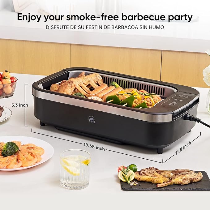 X&E Smokeless Indoor Grill, 1500W Non-Stick Removable Grill Rack & Pan, Adjustable Temperature up to 450°F, Fast Heat Up, Dishwasher Safe, Ideal for Steaks, Burgers, Fish & Veggies, Serves 5 People