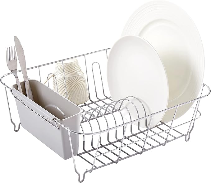 Sweet Home Collection 2 Piece Dish Drying Rack Set Drainer with Utensil Holder Simple Easy to Use Fits in Most Sinks, 14.5" x 13" x 5.25", Silver (Pack of 12)