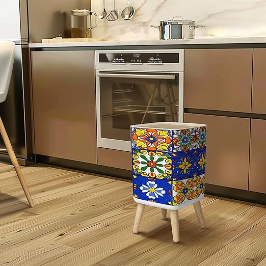 Small Trash Can with Lid Mexican talavera ceramic tile seamless pattern Ethnic folk ornament Wastebasket with Press Cover Dog Proof Garbage Can Waste Bin for Kitchen Bathroom Nursery 2.6 Gallon