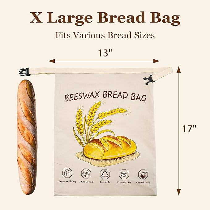 2 Pack Reusable Beeswax Bread Bags for Homemade Bread with Handle,17 X 13 Inch Large Cotton Sourdough Bread Storage for Fridge Freezer Counter,Keep Fresh Longer