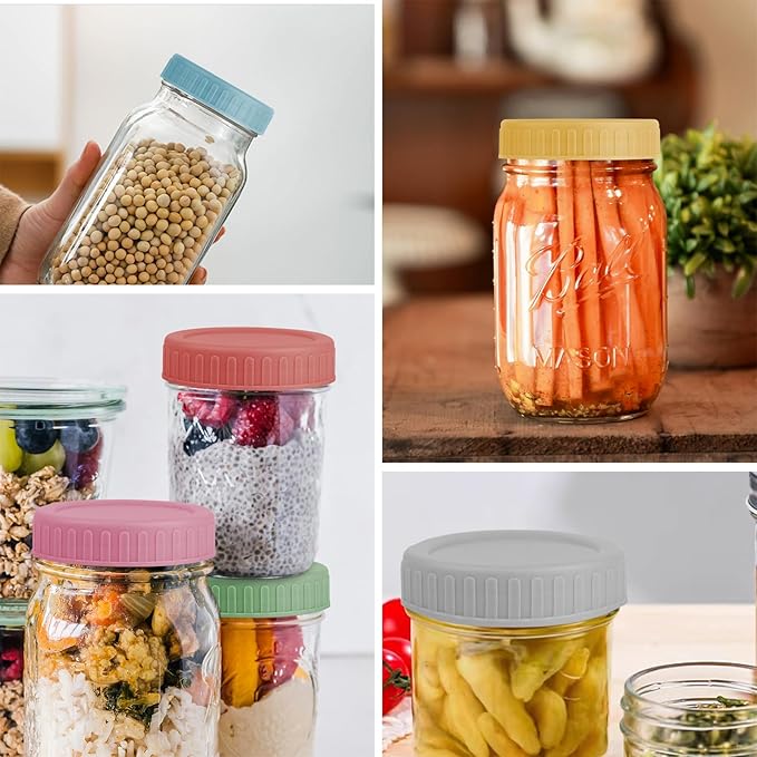 Vaincre 8PCS Mason Jar Lids - Colored Plastic Mason Lids Regular Mouth, Leak Proof Canning Covers with Silicone Rings for Ball, Kerr and More, Reusable Can Tops Caps Covers for Jars
