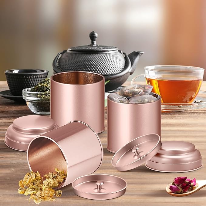 Meanplan 12 Pcs Tea Tin Canister with Airtight Double Lids Round Tin Can Box Small Kitchen Tea Canister Loose Leaf Storage Containers for Loose Bags Coffee Sugar Candy Spices(Rose Gold,8 oz)