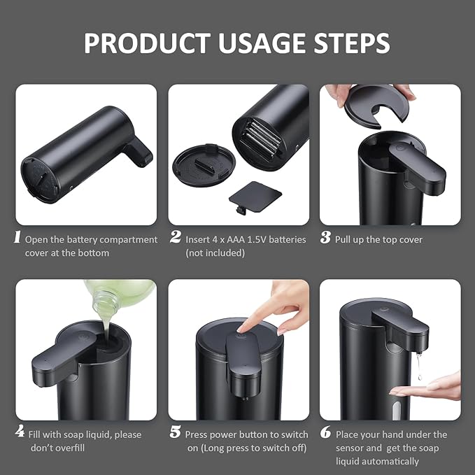 Automatic Soap Dispenser, Automatic Liquid Soap Dispenser Touchless, 12oz/340ml, 3-Level Adjustable, Battery Operated, Water-Resistant for Bathroom, Kitchen, and School, Clog-Free, Black