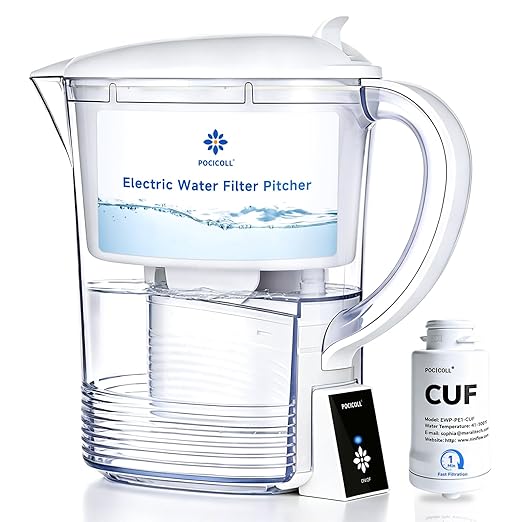 Electric Water Filter Pitcher for Tap and Drinking Water,Long-Life Filter,Removes 99% Lead, BPA-Free, Fits Fridge, for Tap Water Purification (White)