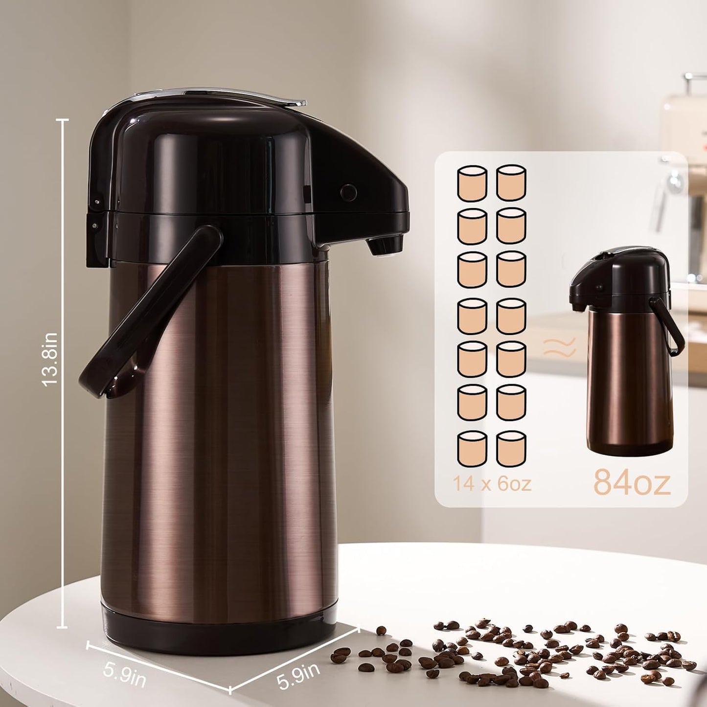 PARACITY Upgraded Airpot Coffee Carafe with Double Pump 84oz/2.5L Stainless Steel Drink Dispenser for Hot/Cold Beverage with Lazy Susan Base, Coffee Termos Para Cafe for Hot Cocoa for Parties