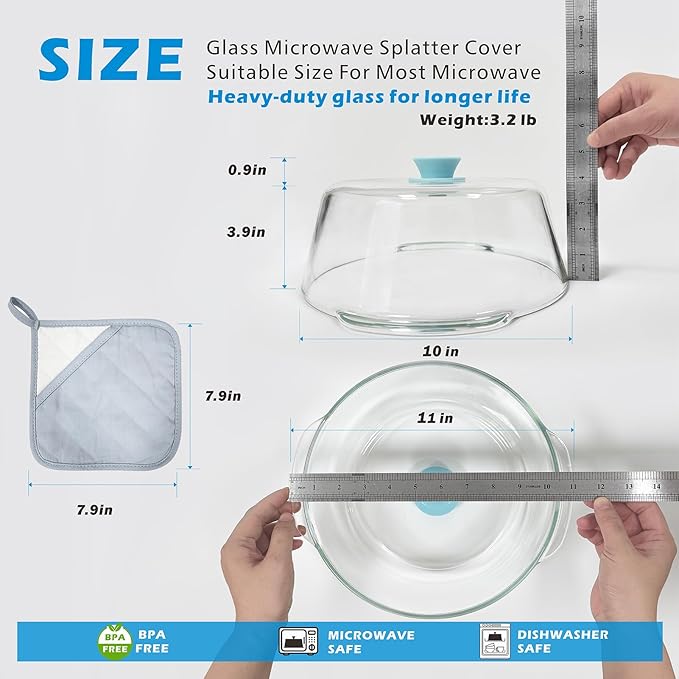 Tall Glass Microwave Splatter Cover for Food with Vent Hole 100% Food Safe 10in Plate Splatter Guard Lid with Silicone Knob BPA Free Cookware Serving Dish Cover Dishwasher Safe